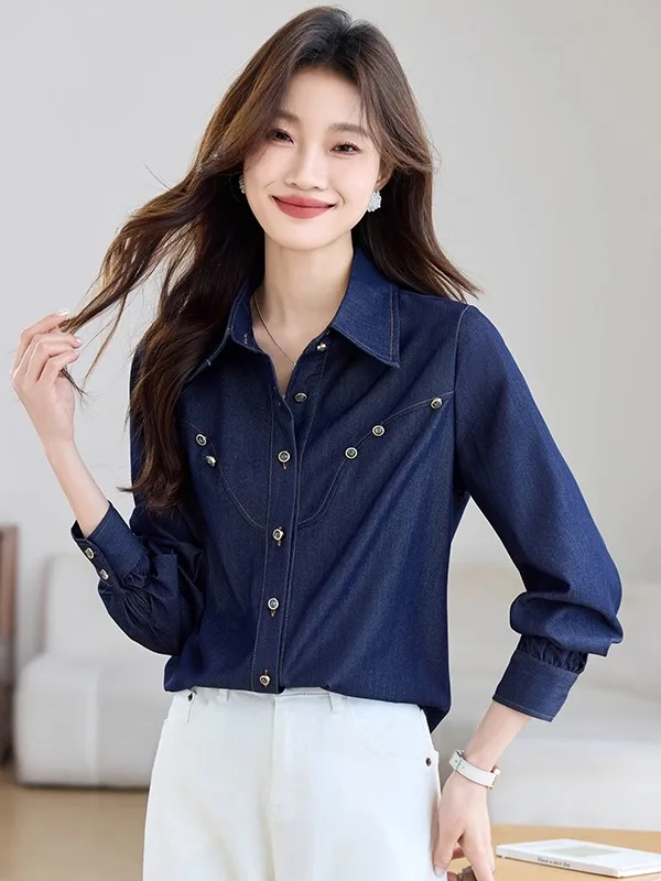 

Ретро-рубашка из европейского хлопкового денима для женщин, свободного кроя, с длинным рукавом, весна-осень, новый стиль, универсальная, повседневная, дышащая, комфортная