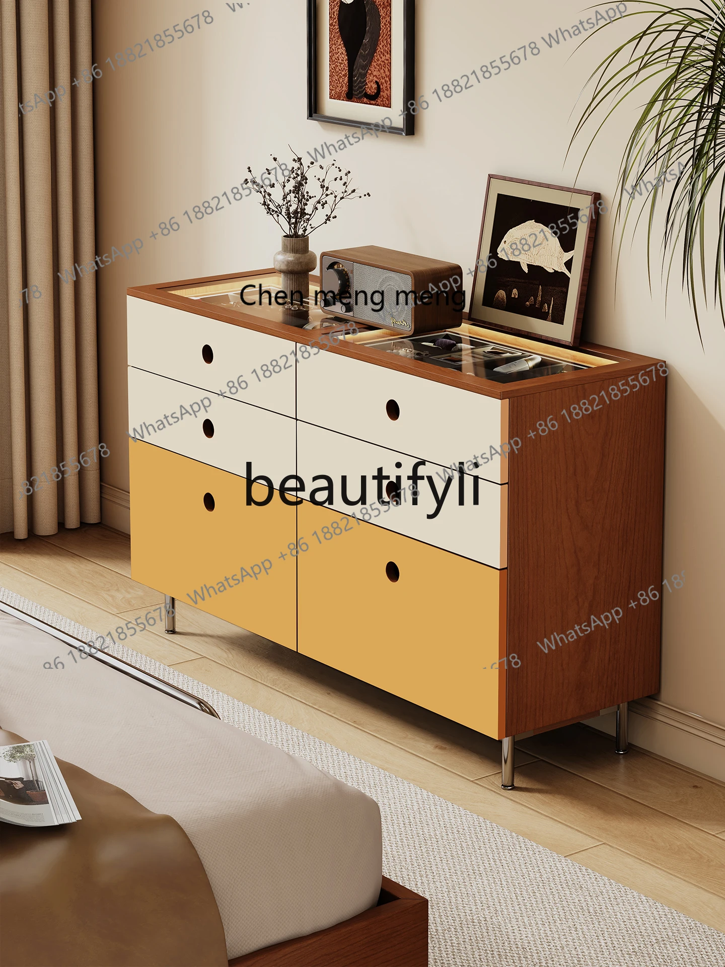 X Six-Drawer Cabinet for Entryway, Bedroom Storage, Living Room Sideboard, Solid Wood Storage Cabinet