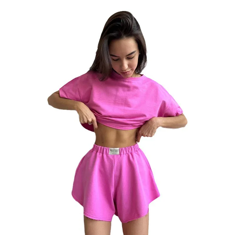 海外貿易 ジョギング スポーツ スタイル スーツ 半袖 Tシャツ トップス ワイドレッグ パンツ ショートパンツ カジュアル 2点セット Amazon