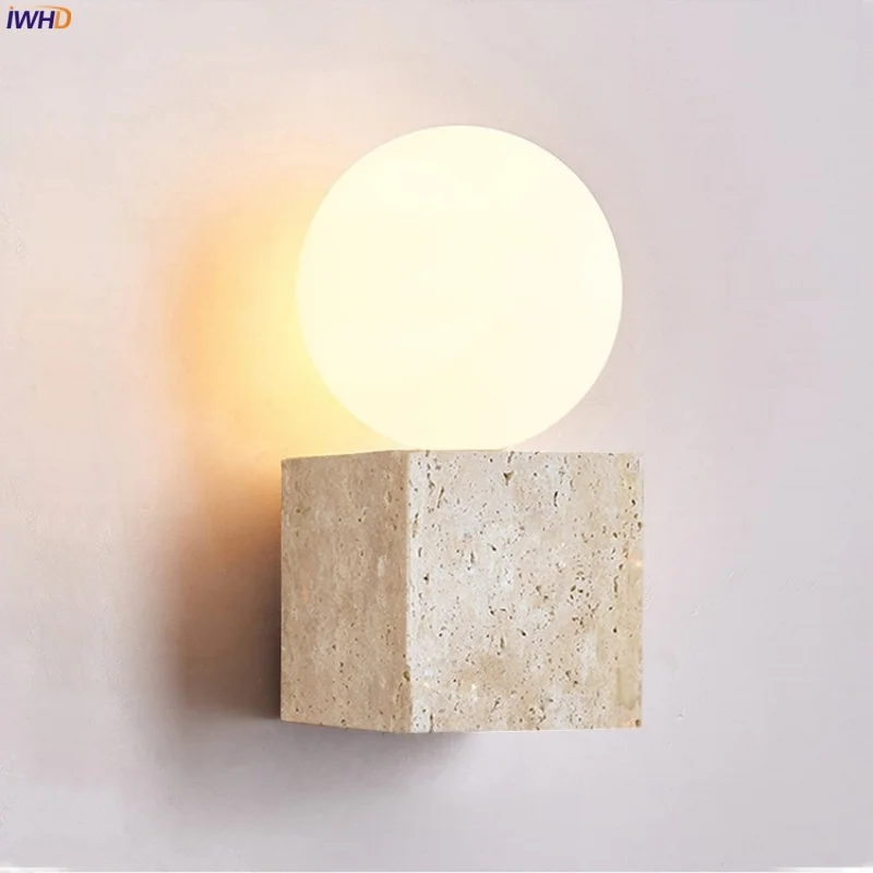 

IWHD Nordic Modern LED Wall Lights Decoration Living Room Bathroom Mirror Glass Yellow Travertine Bedside Lamps Applique Murale