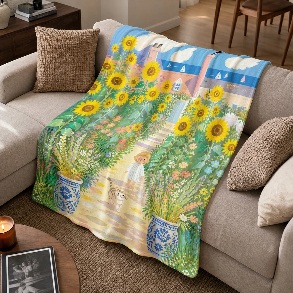 Bright Sunflower Floral Throw Blanket for Sofa Couch Living Room Decor Summer Garden Whimsical Print Cottagecore Style Throw Cov