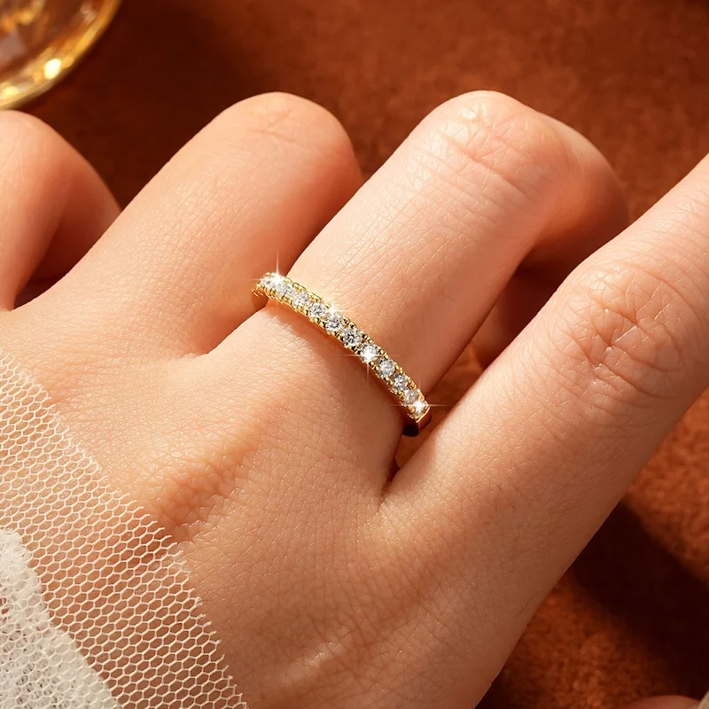 Rrjzz Zertifizierter 2mm D-Farbiger Voll-Moissanit Stapelbarer Halb-Eternity-Ring für Damen Klassischer Imitationsdiamant-Schmuckring – Detail 8