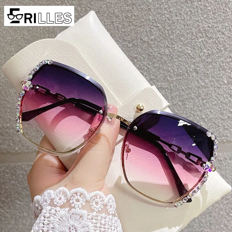 

Квадратные солнцезащитные очки без оправы, дизайн с зарезанными краями, украшенный кристаллами, защита UV400, мода большого размера для уличной фотографии