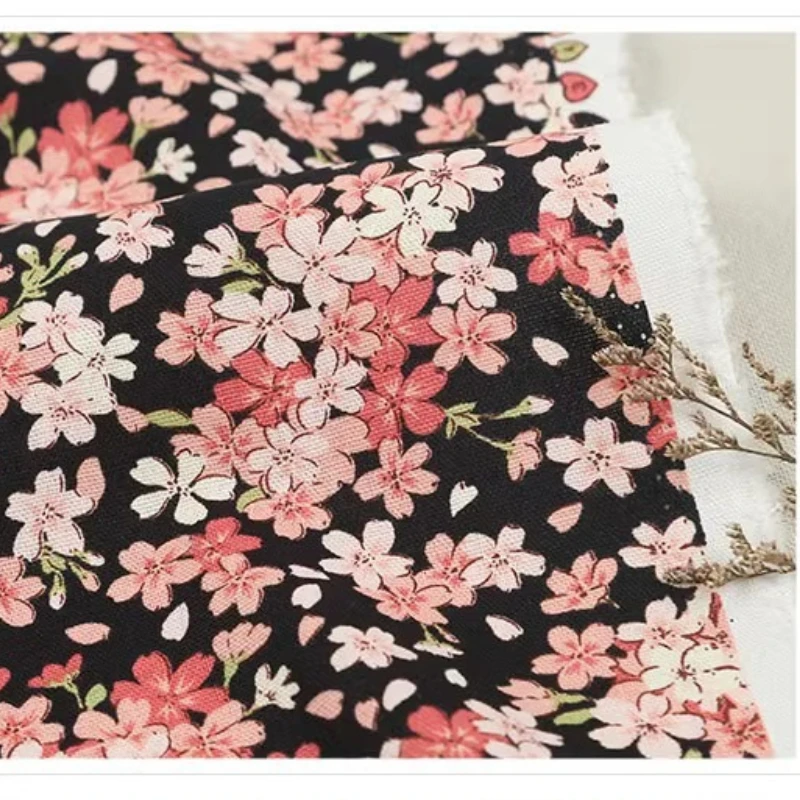 Cherry Blossom Pattern Cotton Fabric Small Floral Imitation Linen Texture for DIY Handicrafts Dresses Curtains Pillows Bags view 3