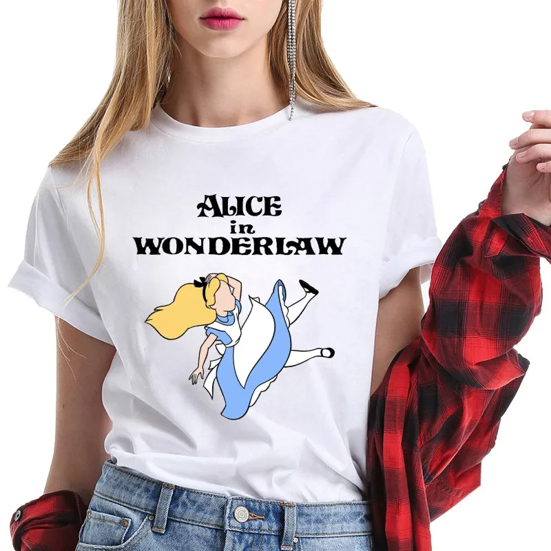 Cute Cartoon Women T Shirt Alice In Wonderland T-Shirt Girls Printing Trendy Harajuku Tshirt White Graphic Tops Female Clothing