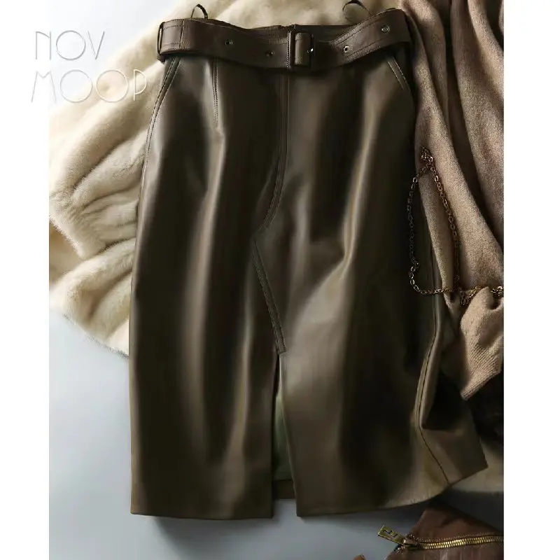 Novmoop genuine leather women skirt authentic sheepskin elegant french simple style office lady birthday gift LT3584