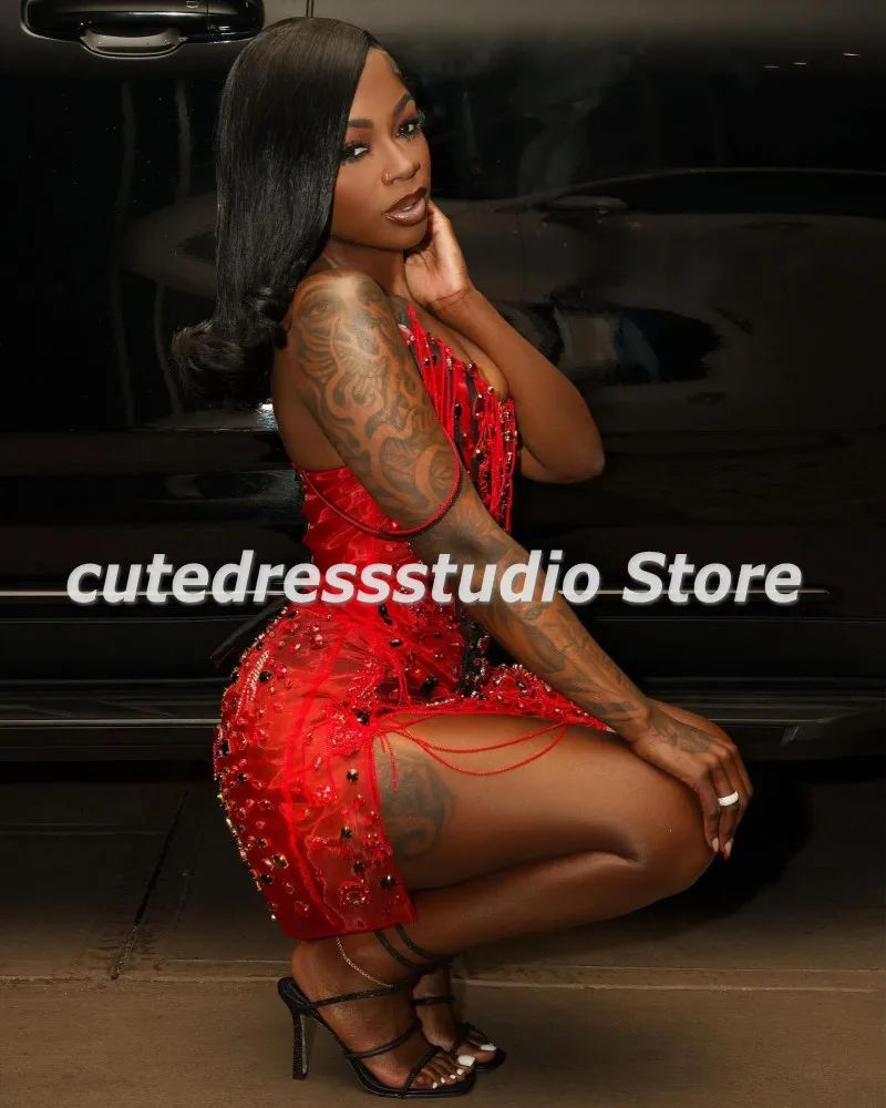 Custon Made Red Birthday Dresses For Women 2024 Strapless Crystal Tassel Short Prom Gowns Sexy Black Girls Cocktail Dress