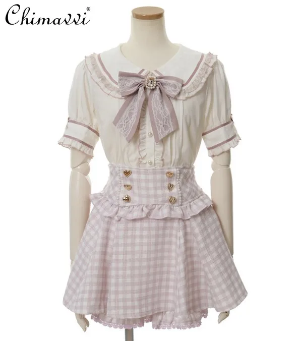 Japanese Liz Skirt Set Lolita Classic Double-layer Grid Lace Strap Skirts and Shirt Two-piece Mine Mass-produced Sweet Outfits