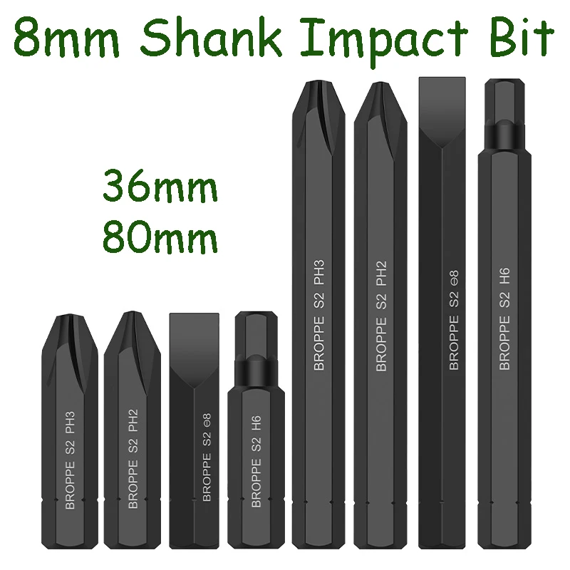 

8mm Shank Impact Bit Magnetic Phillips Hexagonal Slotted Screwdriver Bit Set Impact Bit S2 Alloy Steel Screwdriver Bit 36mm 80mm