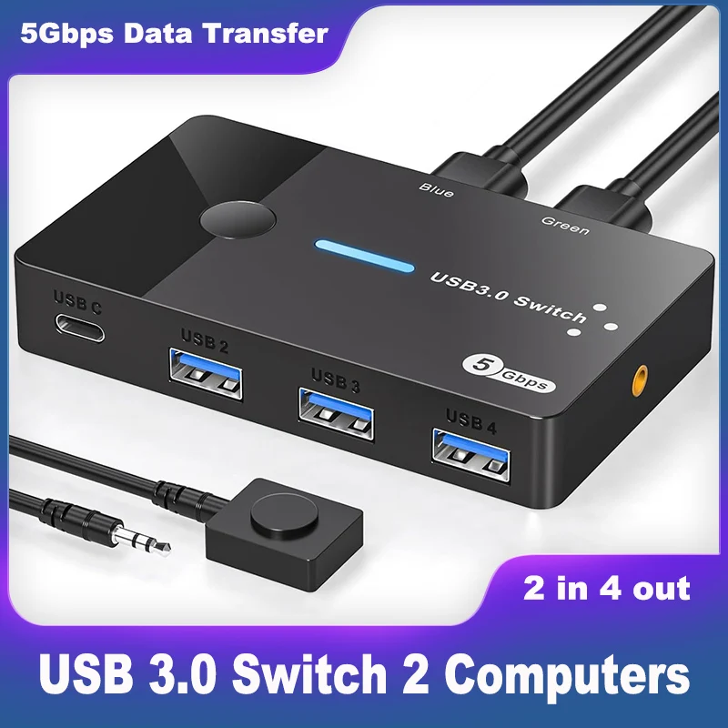 

USB 3.0 Switch 2 Computers Keyboard Mouse Switcher USB A Hub Switches Selector for 2 PC or Laptop Share 3 USB A Ports