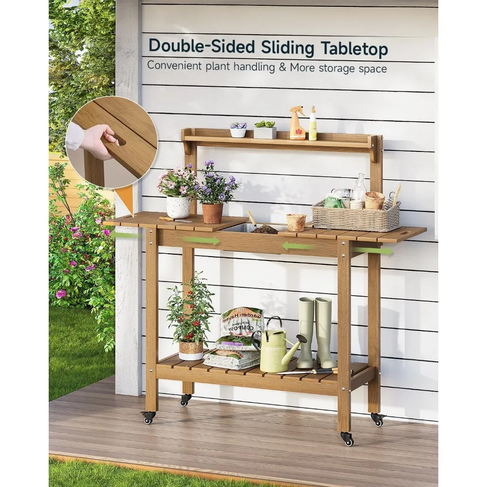 HDPS Outdoor Potting Bench with Sliding Tabletop/ 4 Wheels/Removable Sink, All-Weather Outside Garden Work Table, No Rust/Fade/B