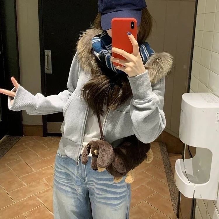 Y2k vintage pele do falso hoodie feminino casual cinza gola removível jaqueta moda recortada zip up moletom outono inverno topos novo