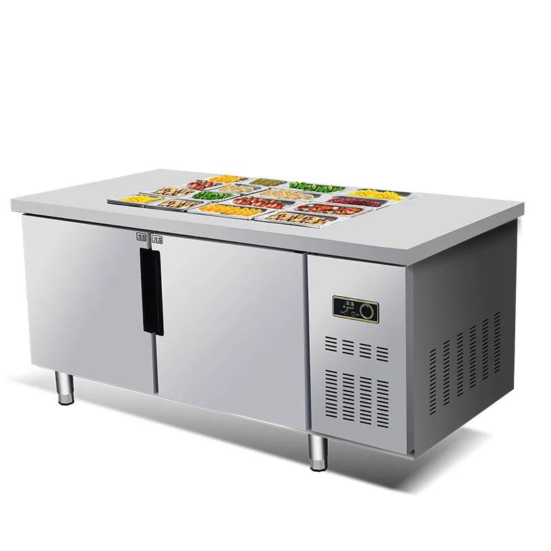 

Commercial stainless steel slotted salad table, fruit sauce cold vegetable display cabinet refrigerated fresh-keeping workbench