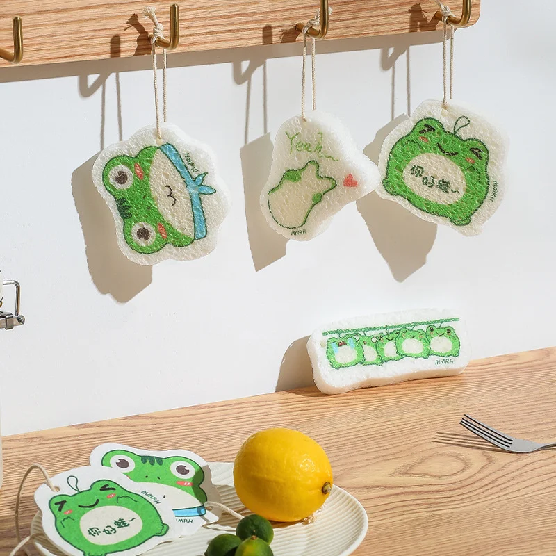 Cute Frog Compressed Dishwashing Sponge Wood Pulp Sponge Block Dishwashing Brush Non-stick Oil Dish Rag Absorbent Wipe