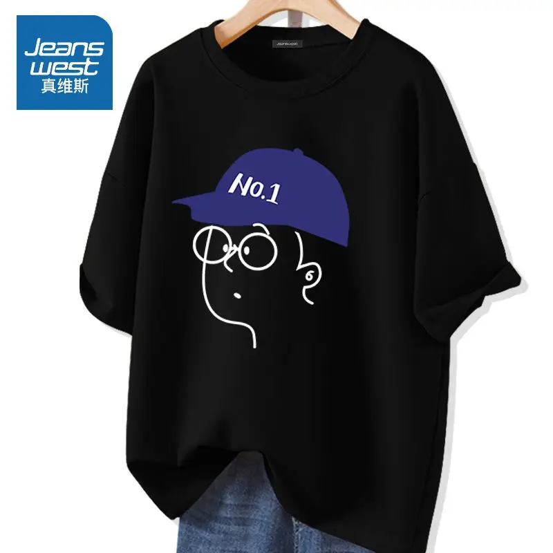 

Women Cartoon Printed Pullover Summer Basics Pure Cotton Short Sleeve Crew Neck Tee Shirt Lady Simple Loose Casual Tops