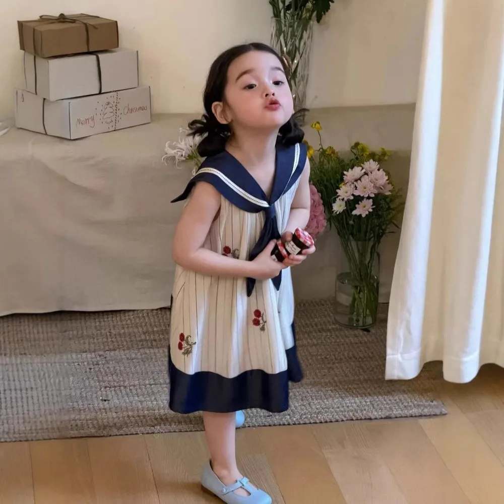 Korean version of girls 2026 summer new color matching bow navy collar dress baby girl loose striped skirt for 90-140cm