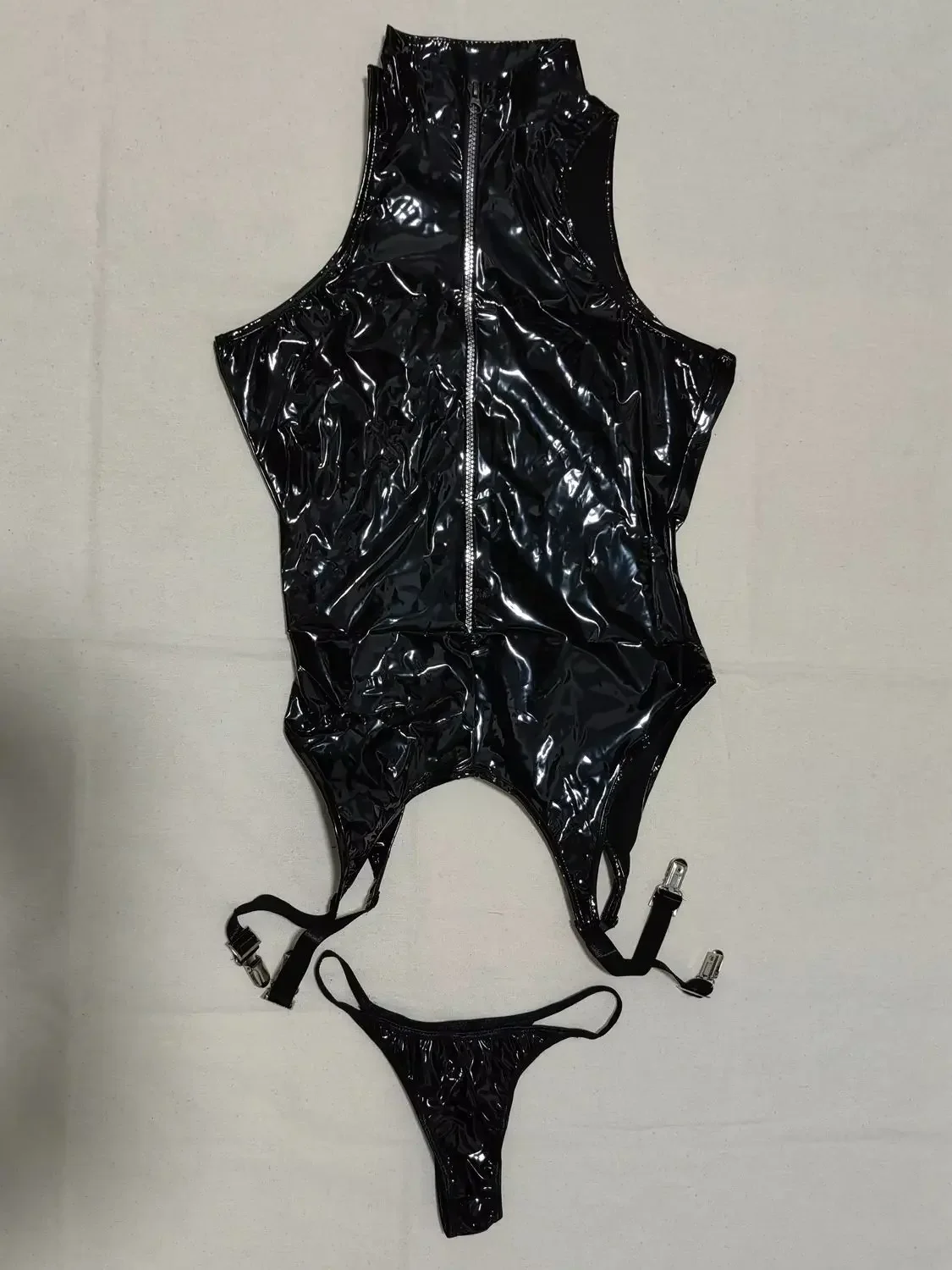 Women Cosplay Maid Bodysuit Wet Look PVC Outfit Shiny PU Leather Crotchless Bodysuit Tights Body Garter Belt Stocking Leotard