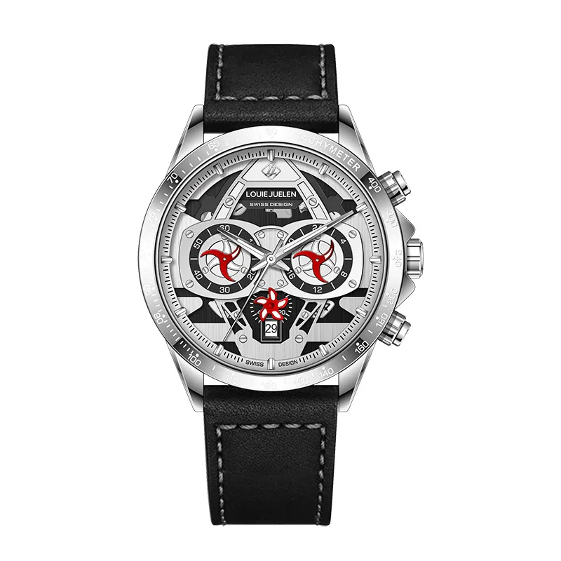 LOUIE JUELEN Men Racing Chronograph Watch Hollow Skeleton Dial Tachymeter Leather Strap Waterproof Quartz Wristwatch Business