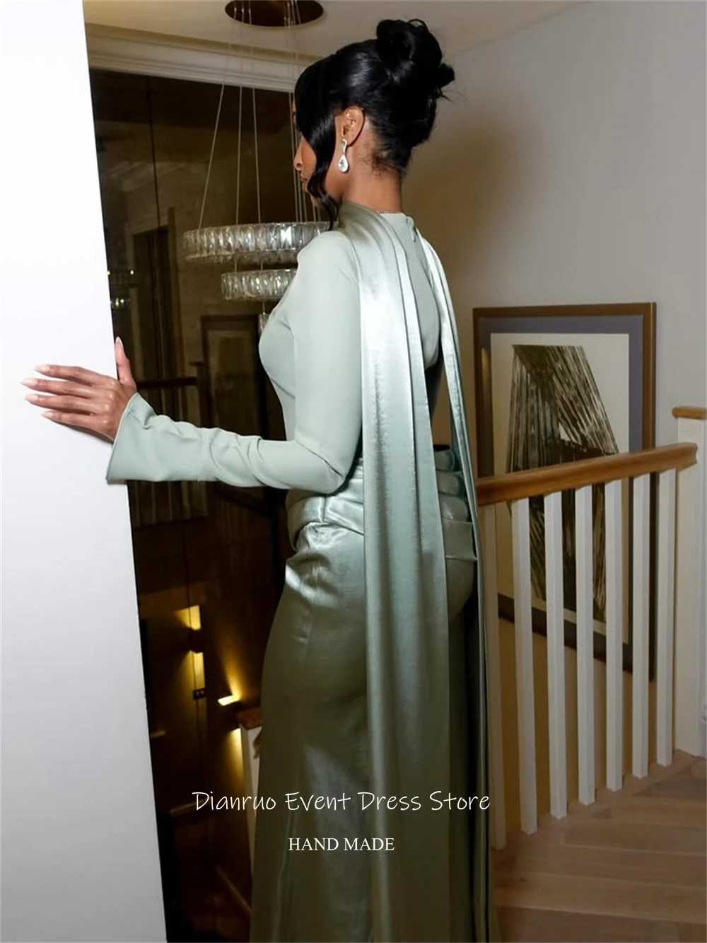 Dianruo белое вечернее платье с длинными рукавами и высоким воротом, атласный халат De Soirée Femme, ленты ручной работы, Vestidos Para Mujer по индивидуальному заказу