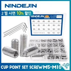 NINDEJIN 411pcs 1084pcs Hex Socket Grub Screw Kit M2-M10 Stainless Steel Cup Point Headless Set Screw Assortment Kit