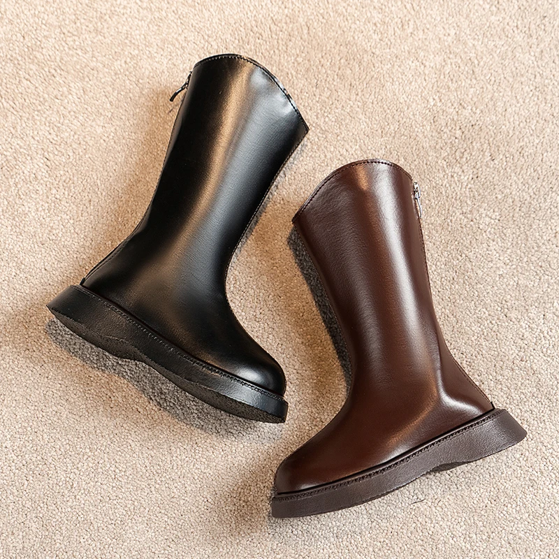 autumn-winter-kids-high-boots-vintage-simple-girls-fashion-leather-boots-back-zipper-thick-soled-children-non-slip-catwalk-boots