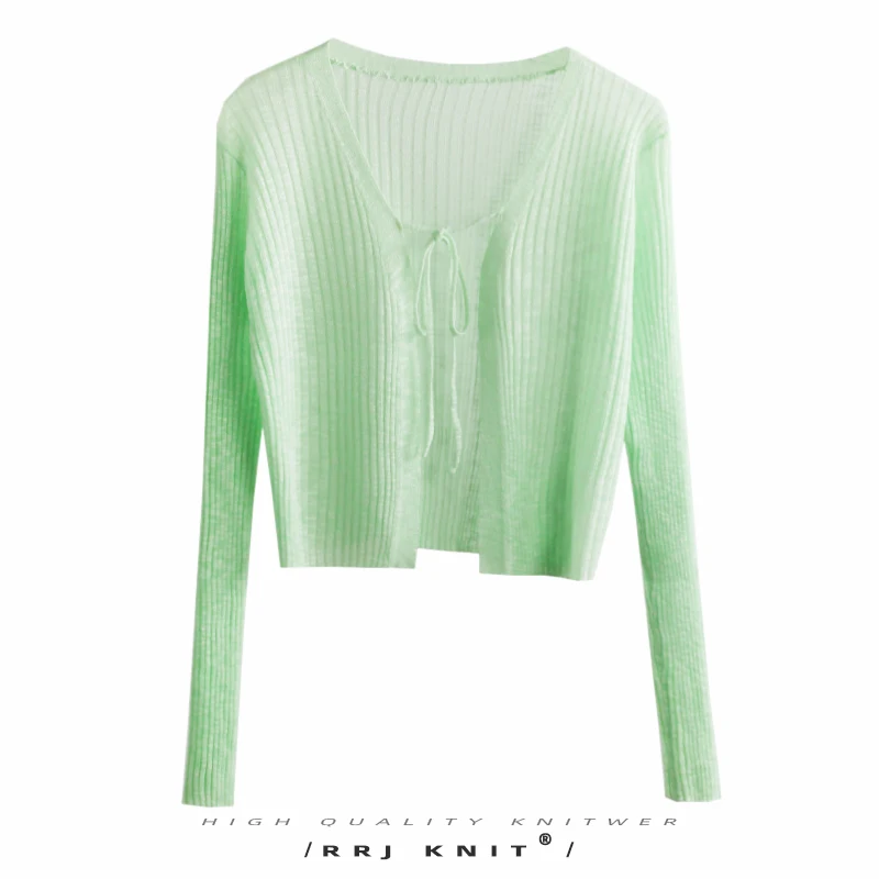 สลิมฟิตเปิดคาร์ดิแกนเอวสูง Belted Svel ผู้หญิงฤดูร้อนบางเฉียบป้องกันแสงแดดสีบริสุทธิ์อเนกประสงค์พร้อมกระโปรง