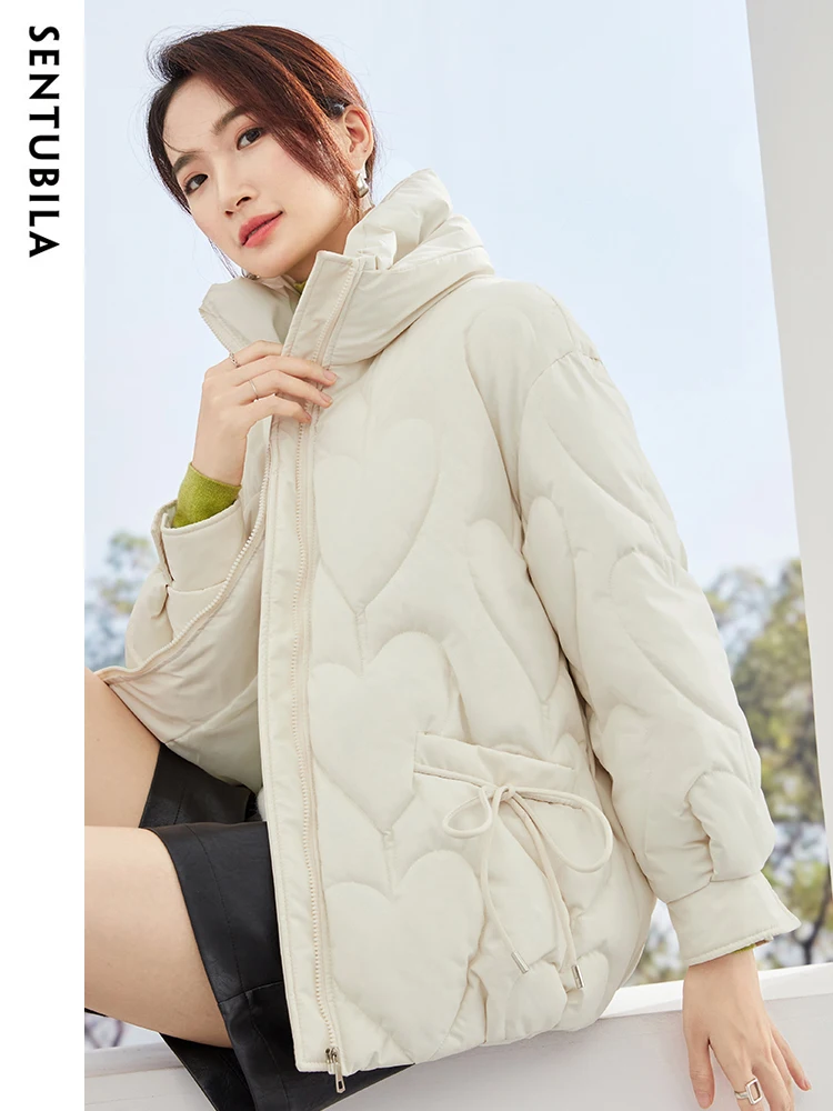 Imagem -02 - Sentubila-parkas Gráfico Coração Feminino Cabolsa de Algodão Recortado Jaqueta Casual Outwear Grosso Gola Alta Zíper Quente Inverno 2023 W34m50218