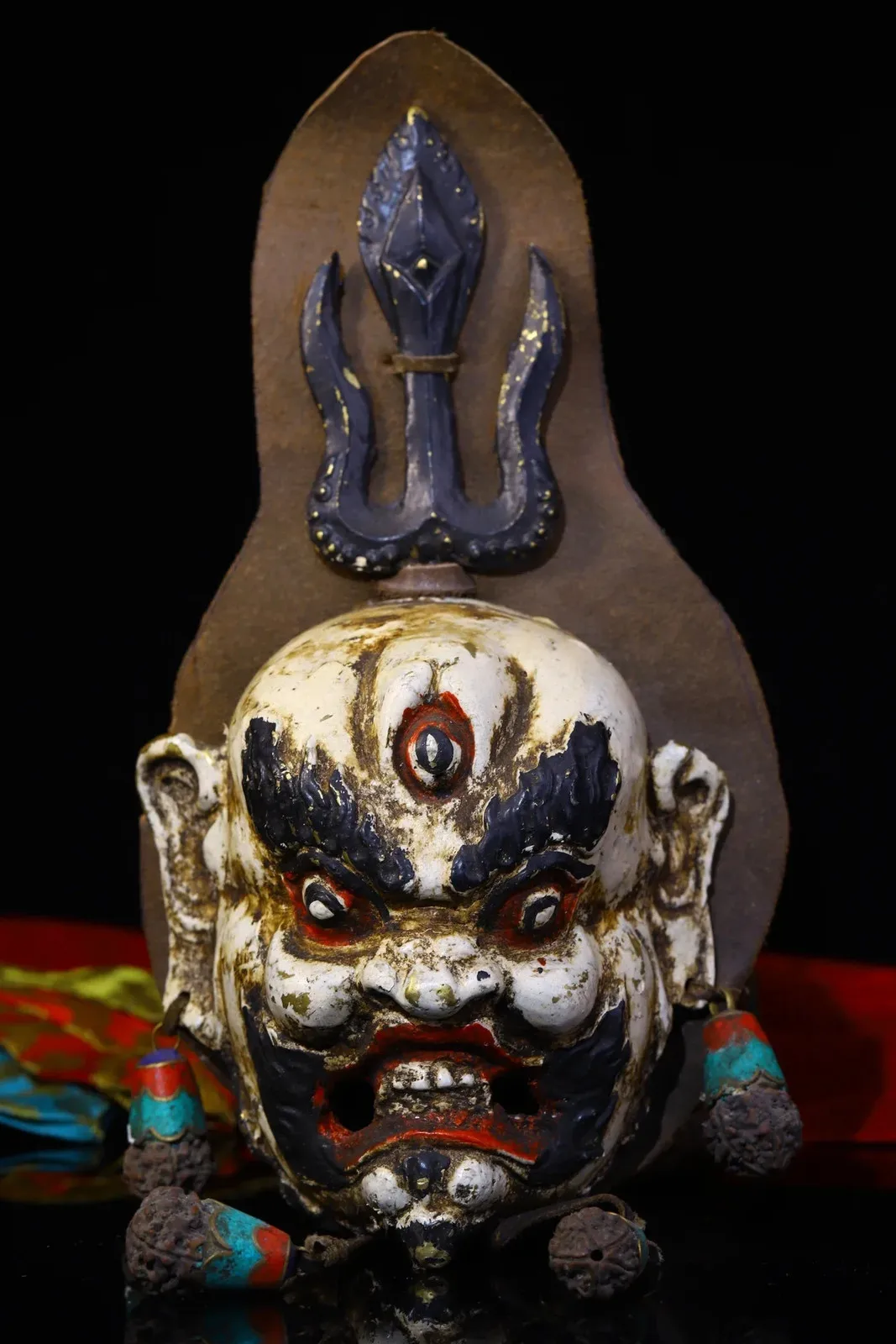 Bronze Painted Three Eyes Mahakala Head Mask Amulet Dharma Worship Hall