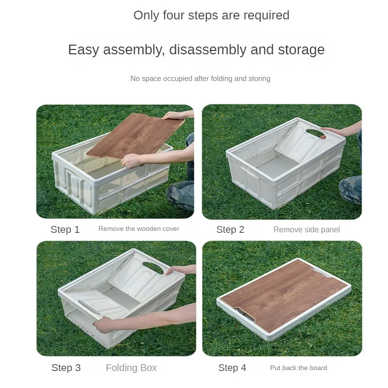 Caja de almacenamiento para acampar al aire libre, caja de carga plegable para coche, caja de clasificación para acampar, cubierta de madera