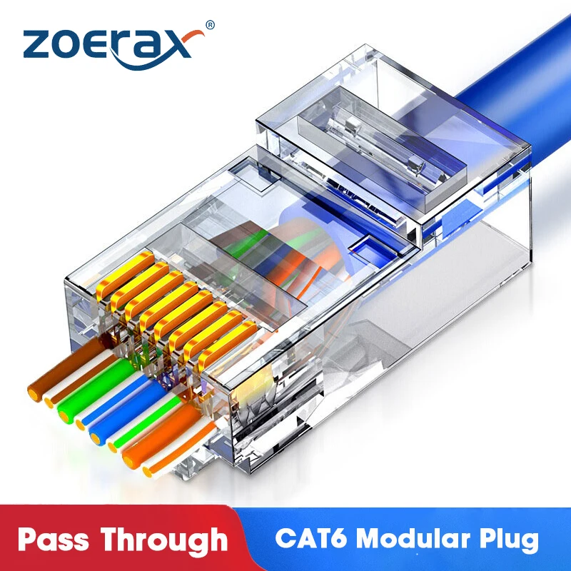 ZoeRax Cat6 CAT5e Pass Through RJ45 Modular Plug Network Connectors UTP 15μ Gold-Plated 1.1mm Hole End for Ethernet Cable