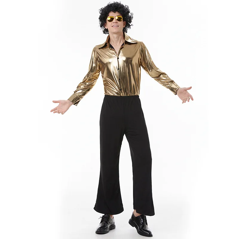 2025 Nieuwe Halloween Kostuum Volwassen Retro Hippie Jaren '70 Disco Goud Paar Nacht Outfit Vrouwen Etnische Slijtage Toneelkostuum