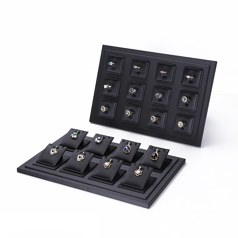 Columna de exhibición de anillos de piel sintética negra, elevador de joyas, soporte de escaparate al por menor, organizador de mostrador de tienda