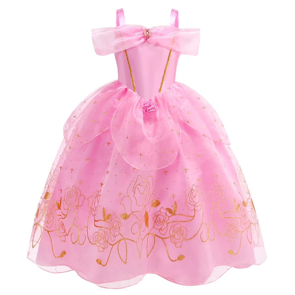 Aurora Pink Princess Dress Costume Set with Crown Wand Gloves Necklace for Girls Halloween Party Fairy Tale Role Play Outfit