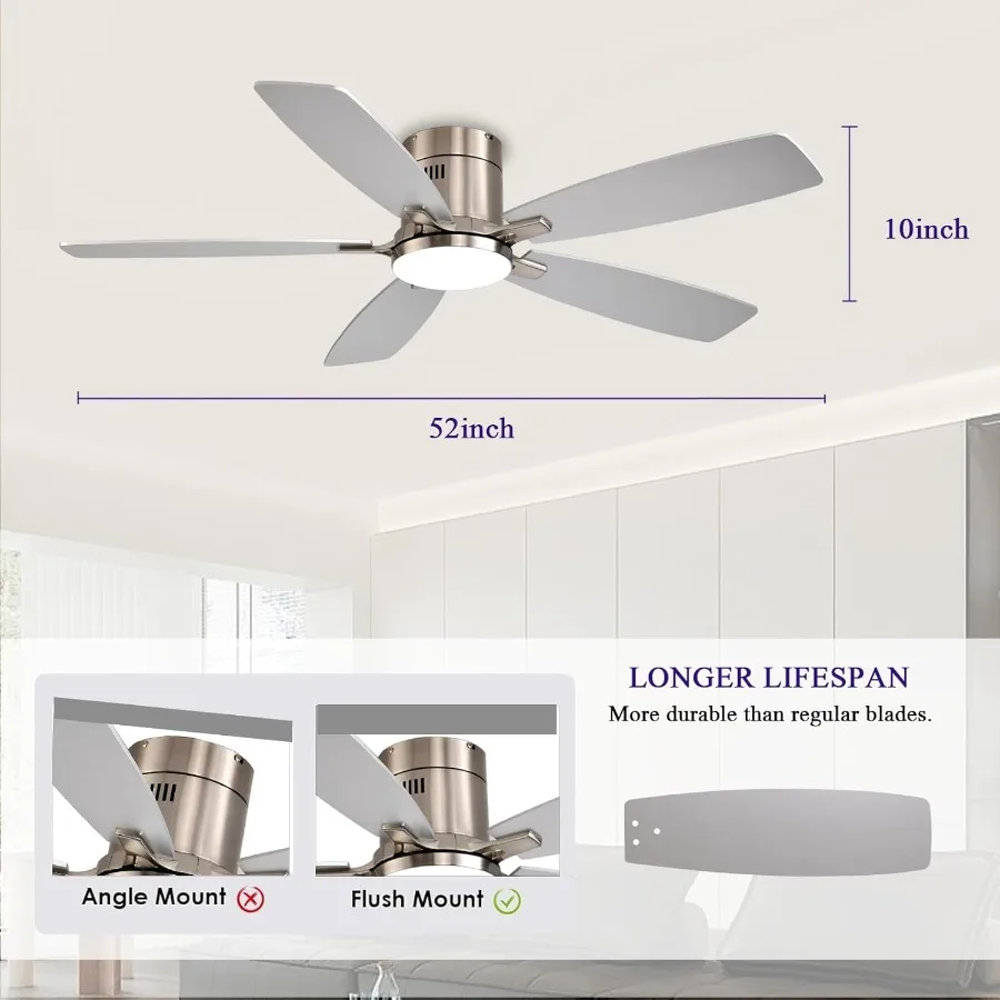 مراوح سقف 52 بوصة مع أضواء مروحة سقف مثبتة على السطح مع ضوء وجهاز تحكم عن بعد في التطبيق محرك تيار مستمر قابل للتعتيم LED بدون ضوضاء منخفضة