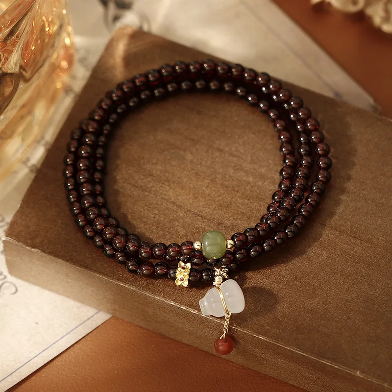 Elegant Triple Stacked Wine Red Garnet Natural Bracelet Light Luxury Niche Delicate High-end Sense HandString Beads Women's Gift