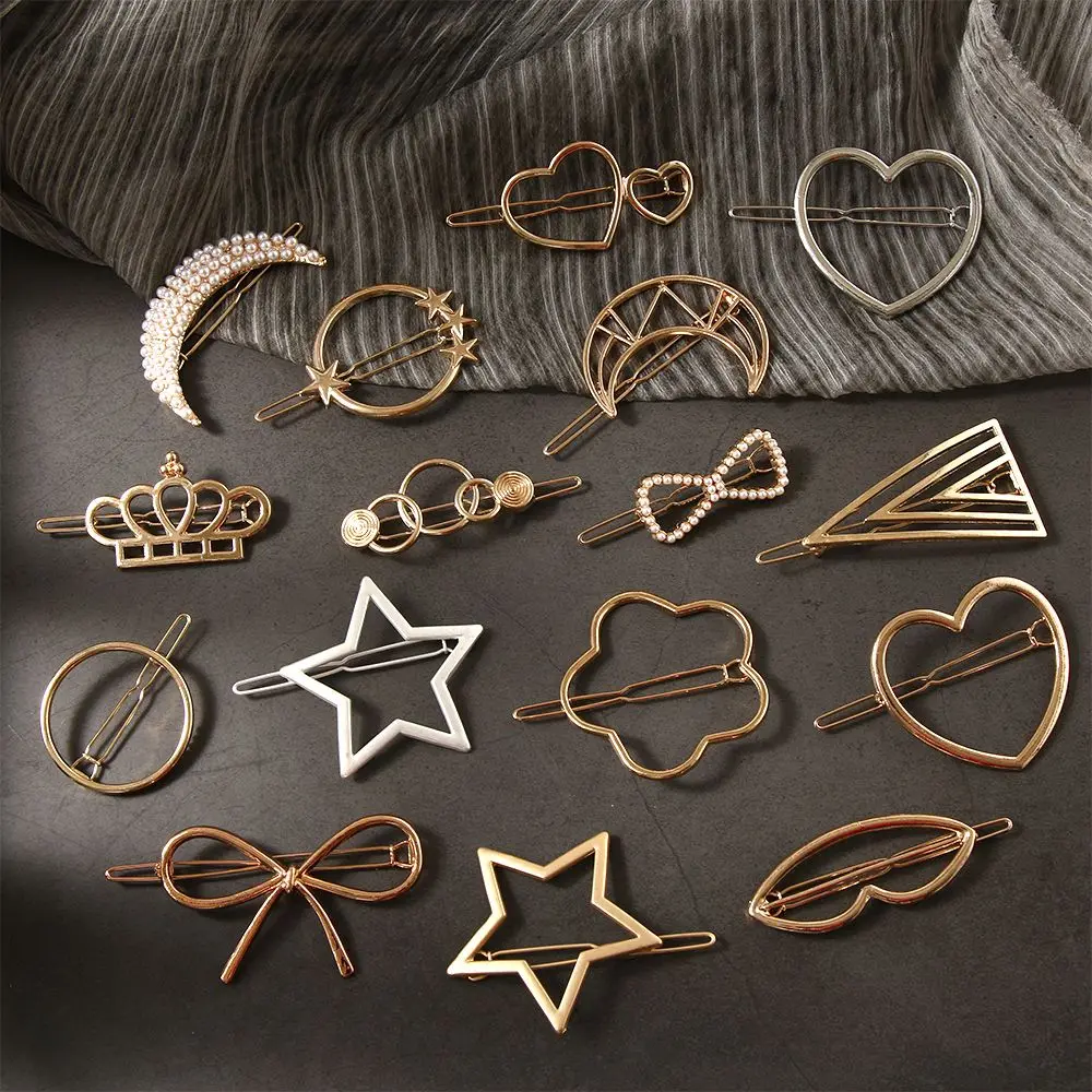 Fashion Women Hair Accessories Triangle Hair Clip Geometric Alloy Moon Circle Hairgrip Barrette Girls Star Heart Hair Pins