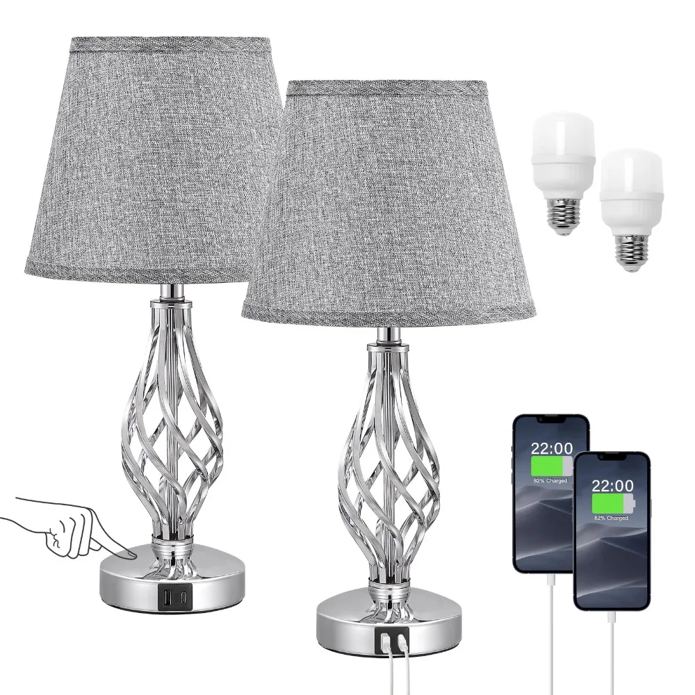 Touch Table Lamps for Bedside, Small 3 Way Dimmable Touch Lamps with USB C Charging Ports and Spiral Cage Base Design