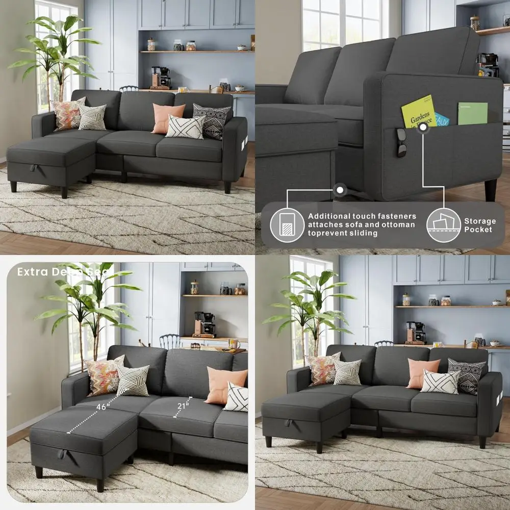 

Серый 3-местный угловой диван с оттоманкой для хранения, льняные секционные диваны-трансформеры для гостиной, идеально подходят для небольших помещений