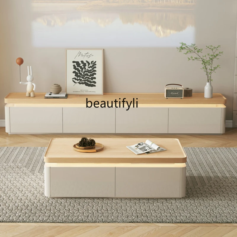 

Cream Style Floor TV Tea Table Combination Living Room Low Cabinet Home Storage Locker Integrated