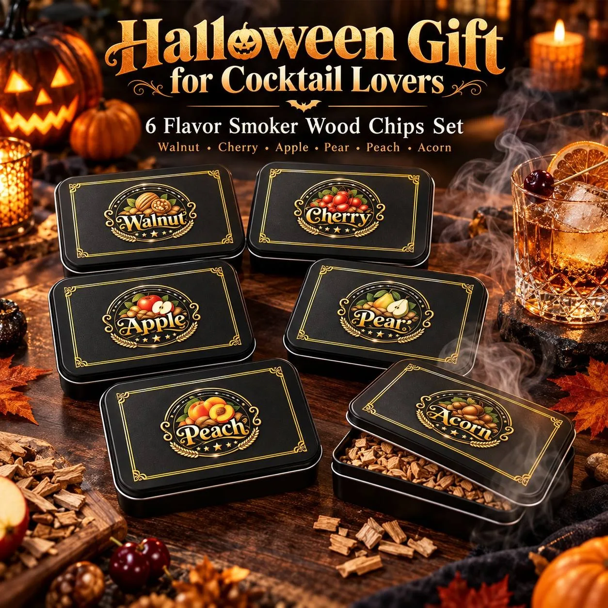 6-pack of whisky cocktail smoking wood chip sets, 6 flavors of wood chips in separate black aluminum boxes, suitable for whisky
