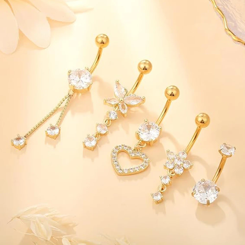 5pcs Dangled Belly Button Rings Butterfly Heart Set
