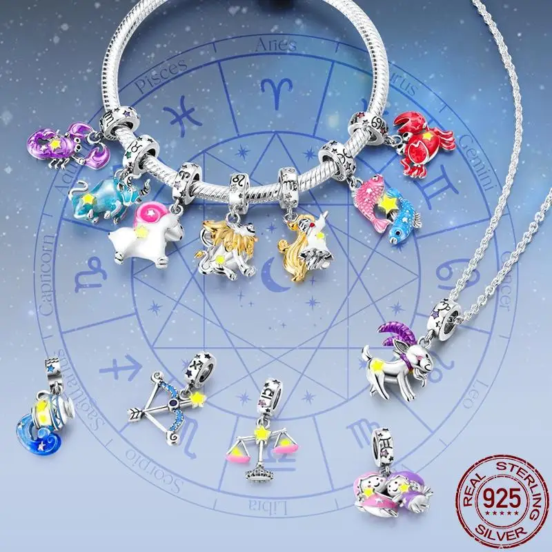 

Original 925 Sterling Silver 12 Constellation Luminous DIY Charm Fit Original 3mm Bracelet For Women Jewelry Birthday Gift