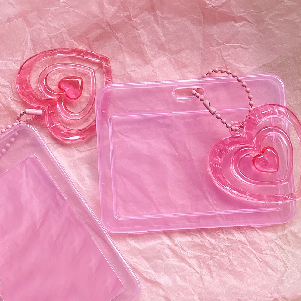 INS Pink Photocard Holder With Heart Pendant 3 Inch Idol Photo Card Holder Keychain Student Bus ID Credit Card Case Stationery