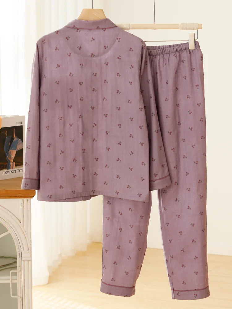 Nuovo pigiama a maniche lunghe in garza di cotone a doppio strato da donna dolce stampato stile ins indossato fuori casual comodo abbigliamento per la casa