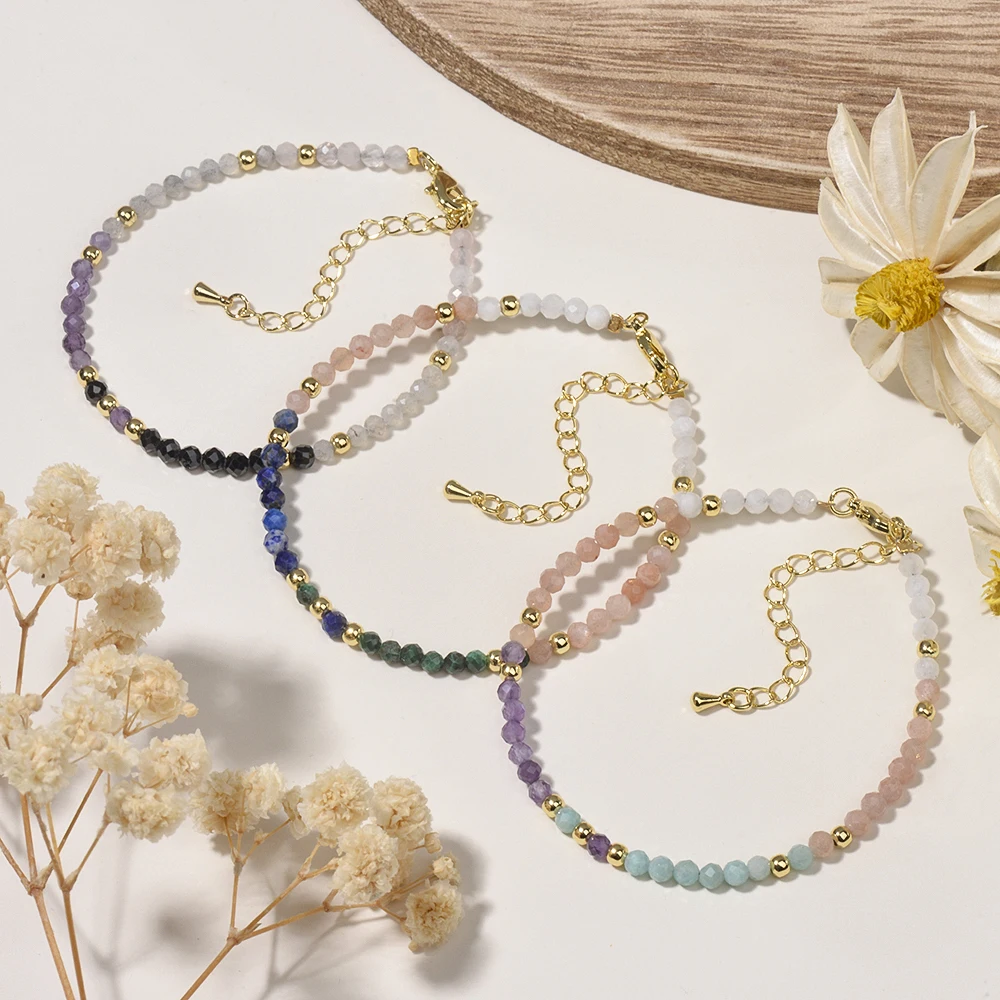 3mm Four Kinds of Natural Stone Rose Quartz Labradorite Amethyst and Black Spinel Faceted Beads Bohemian Bracelet for Women Gift
