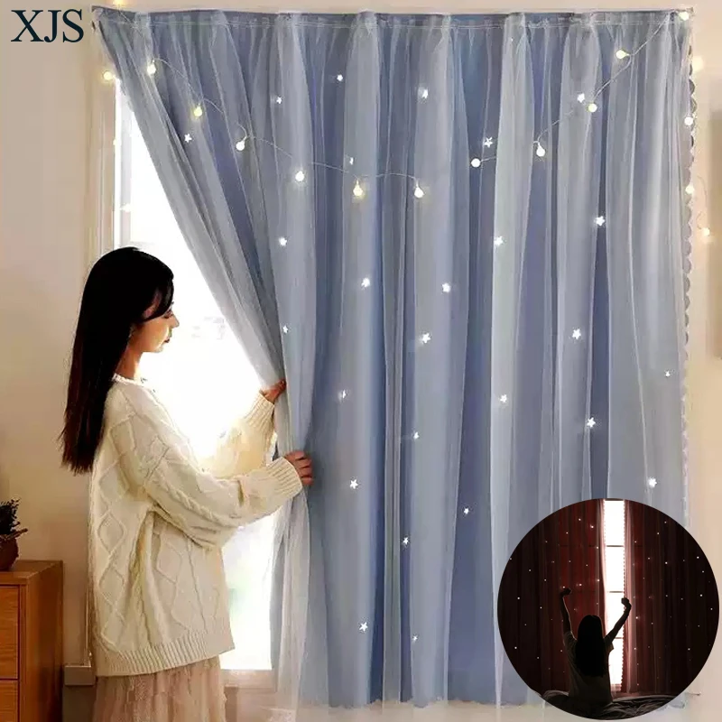 Adhesive Blackout Curtain No Punch Hollow Star Window Treatment Easy to Install High Shading Portable for Bedroom Home Decor 1Pc