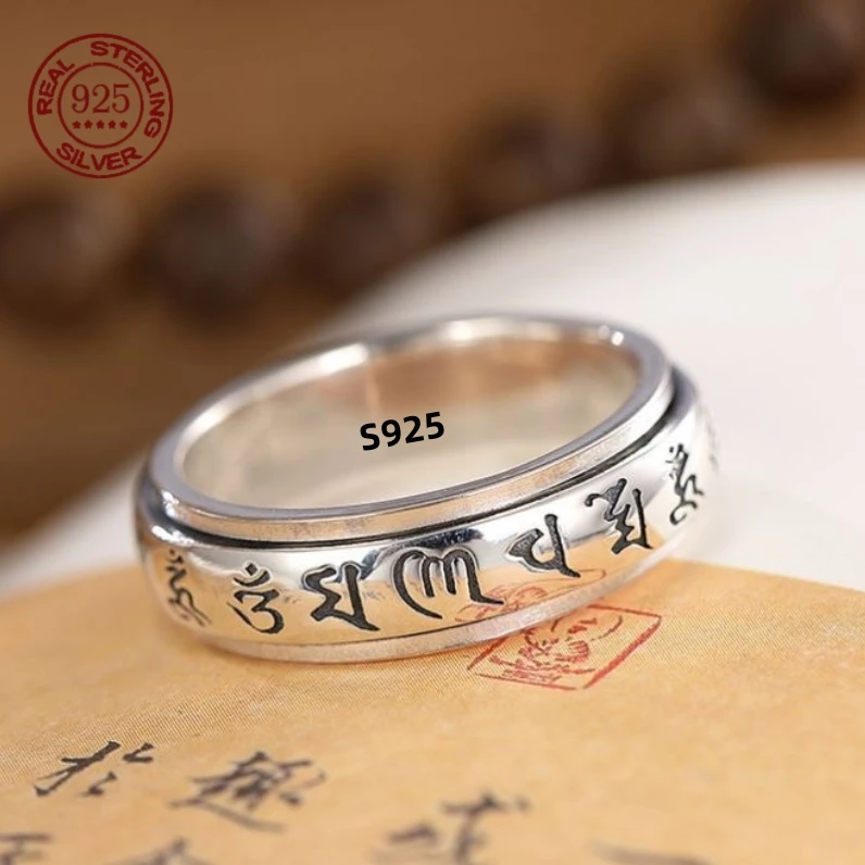 Precio de fábrica S925 plata Sanskrit Mantra anillo giratorio para hombres simplicidad literaria anillo de personalidad Retro joyería regalo creativo
