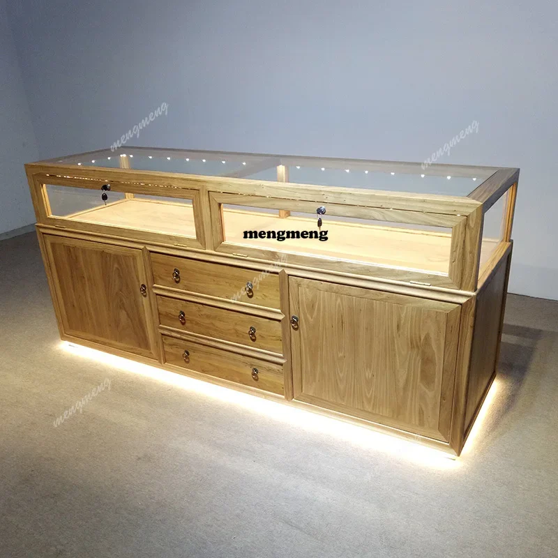 Hot sales Old Elm Jewelry Display Cabinet Jewelry Container Retro Wenwan Jade Display Cabinet Glass Zhongdao Counter