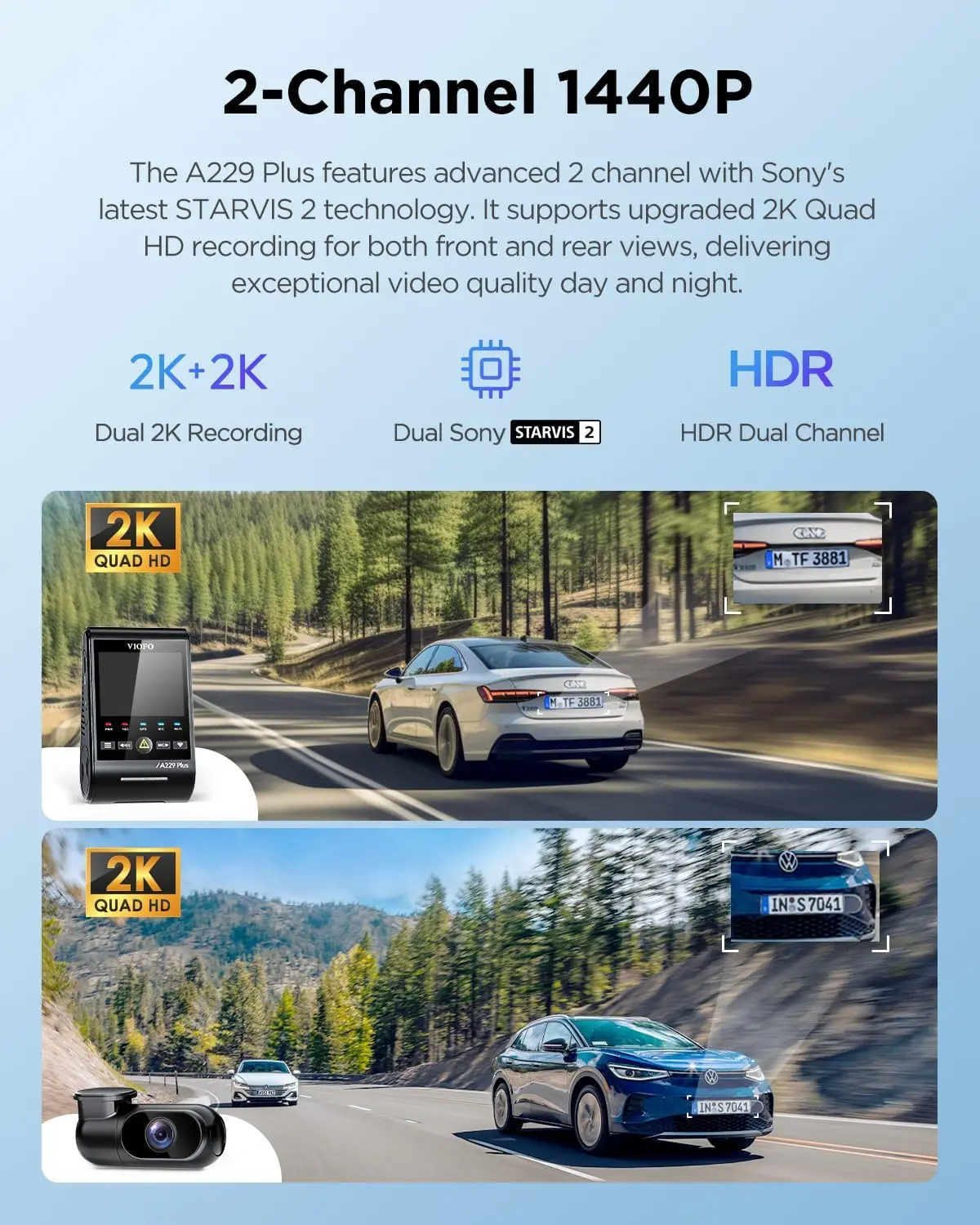 Dual 2 Sensors, 2 Channel HDR, 1440P+1440P Voice Control Car Dash Camera