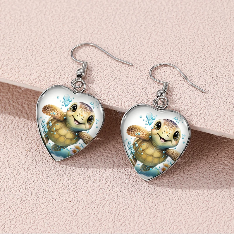 2024 New Sea Turtle Dangle Earring Heart Shaped Earrings Handmade Glass Dome Jewelry